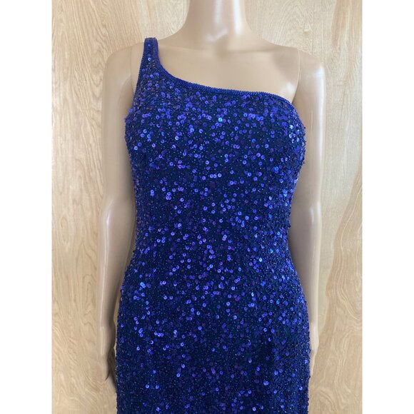 1990s Scala Royal Blue Sequin One Shoulder Gown Open Back Evening Dress Sz M - Picture 5 of 16